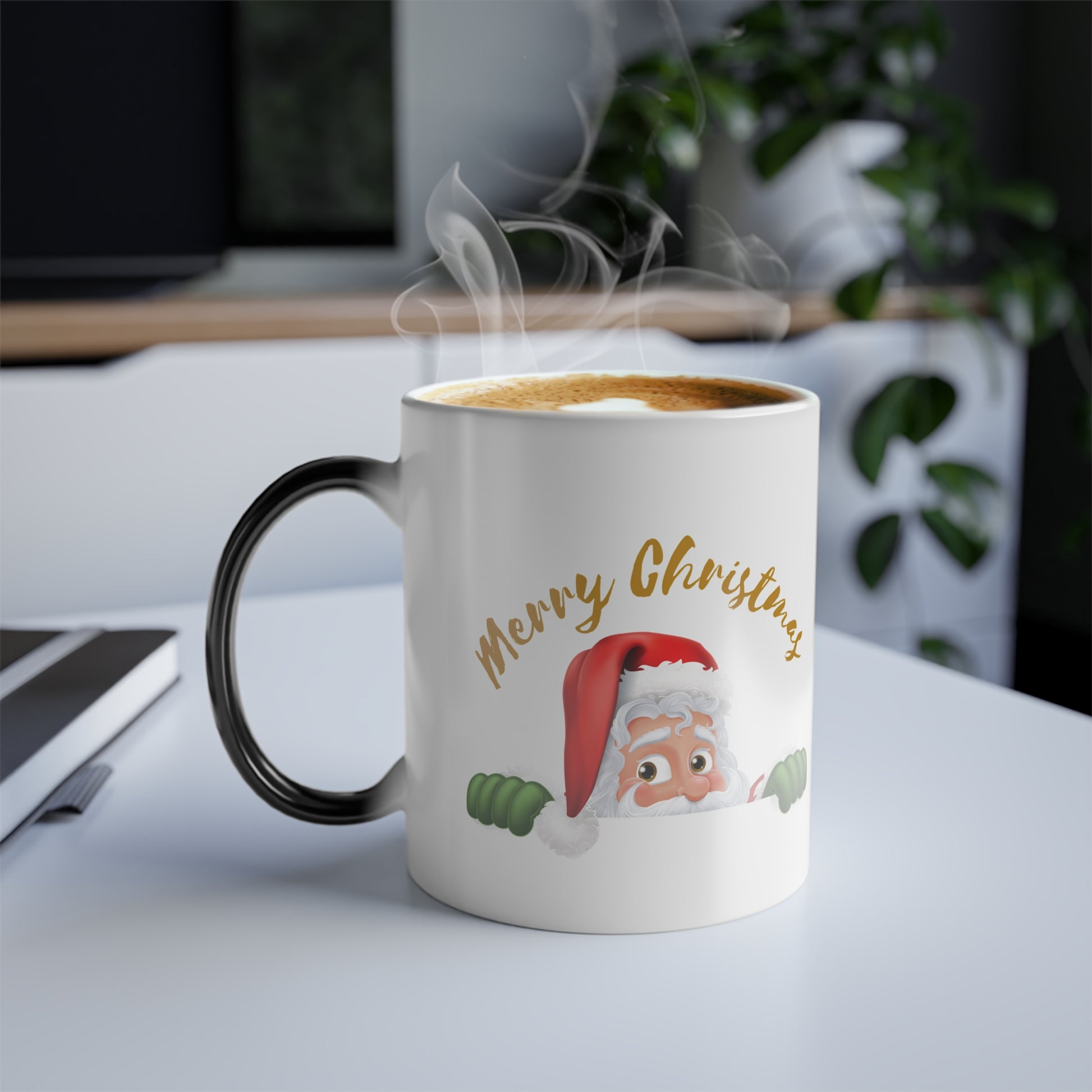 Peeking Santa Magic Mug. Color-changing coffee cup with Merry Christmas text, perfect US stocking stuffer for holiday cheer.