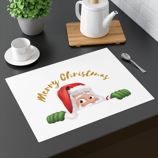 Cute Christmas placemat on a modern dining table featuring a peeking Santa Claus graphic with gold Merry Christmas lettering for festive kitchen table decor.