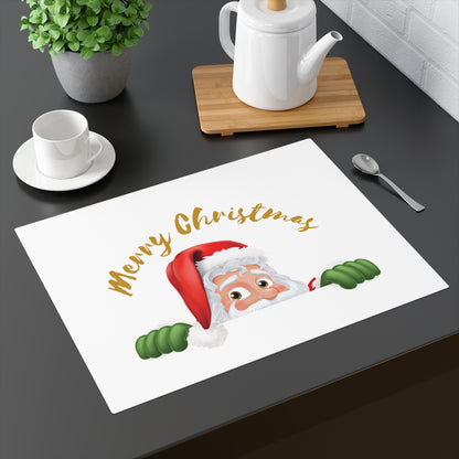 Peeking Santa Christmas Placemat with gold Merry Christmas text. Perfect US holiday table setting for a cozy cabin or Texas potluck.