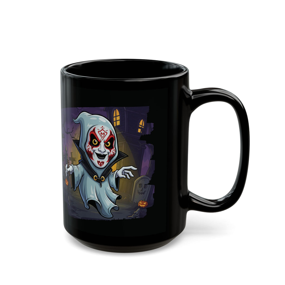 Isolated view of black ceramic Halloween coffee mug with spooky phantom jester design.