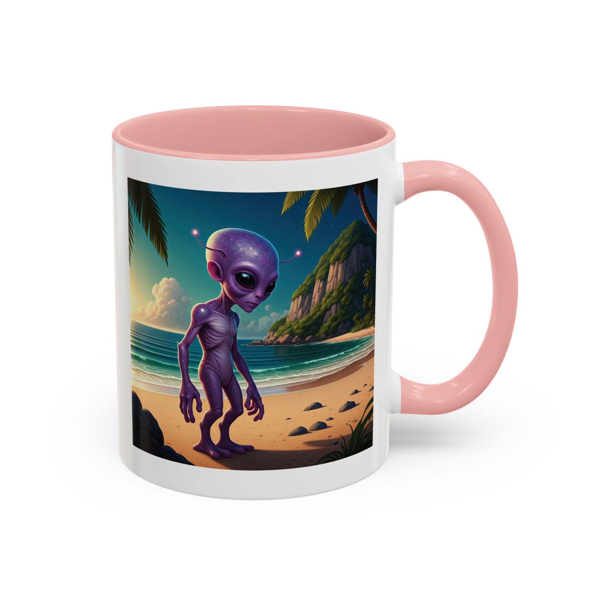 Alien enjoying the beach on a pink inside novelty mug