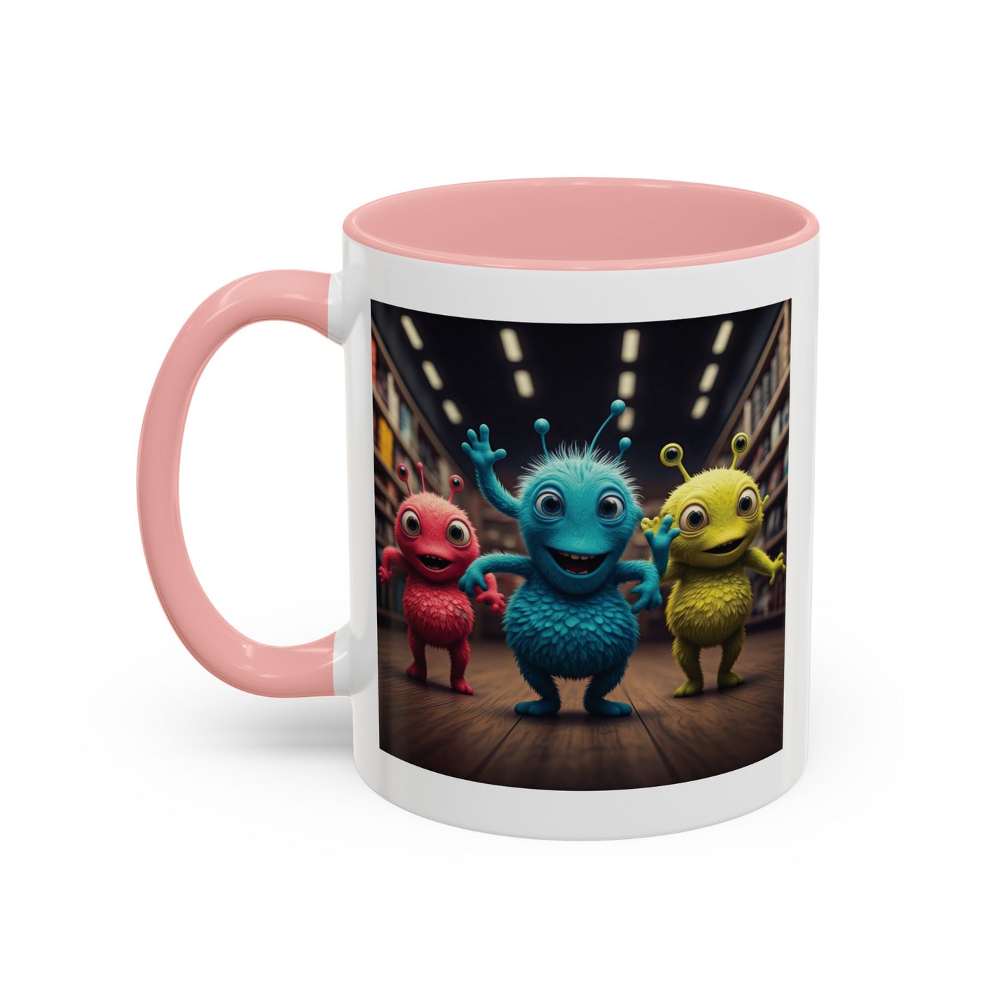 Aliens dancing at a disco on a pink mug