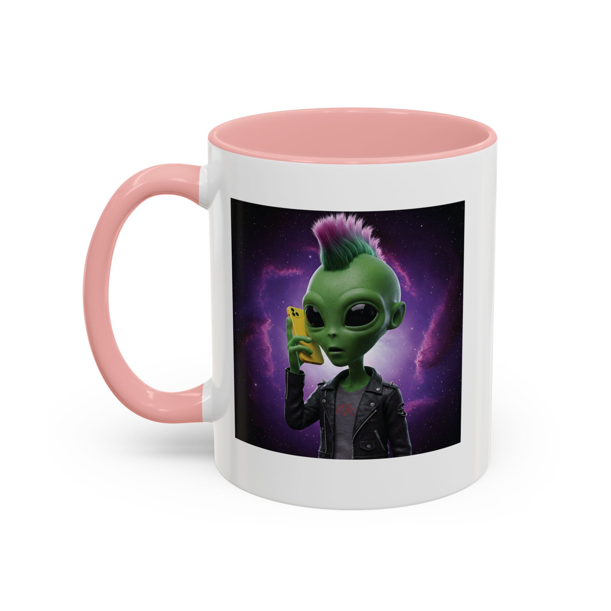 Alien punk with mobile phone pink mug
