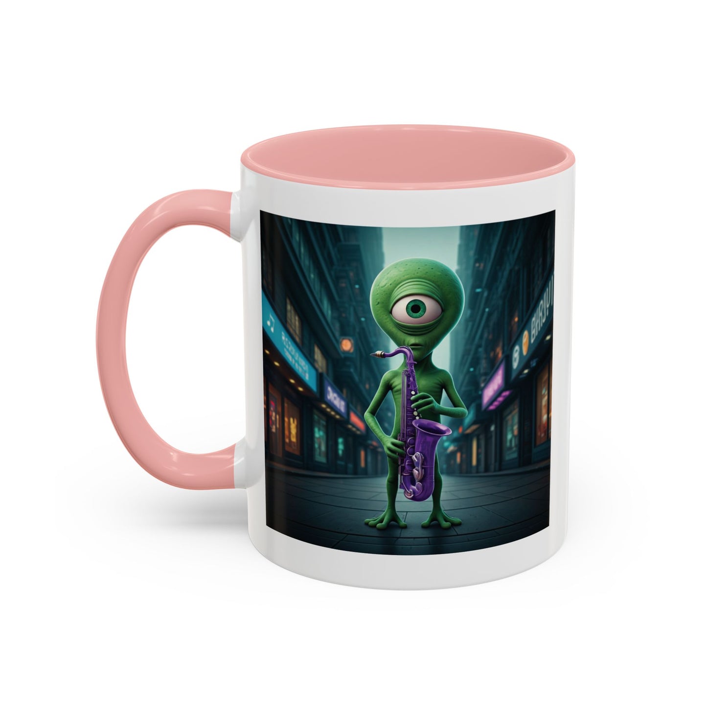 Alien sax player on a purple pink mug