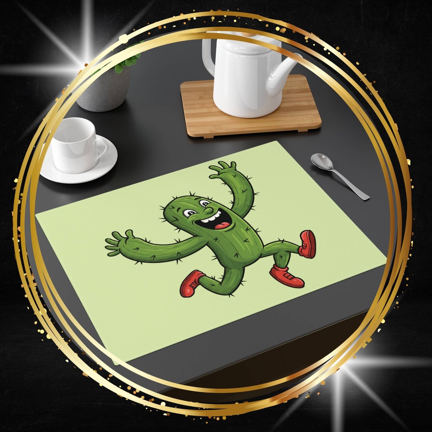 Cactus placemat with a cartoon running cactus design on a dining table with cups and a teapot.