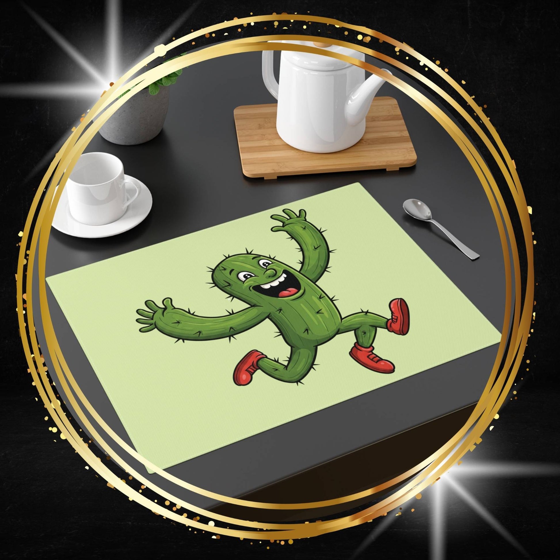 Cactus placemat with a cartoon running cactus design on a dining table with cups and a teapot.