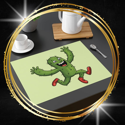 Cactus placemat with a cartoon running cactus design on a dining table with cups and a teapot.