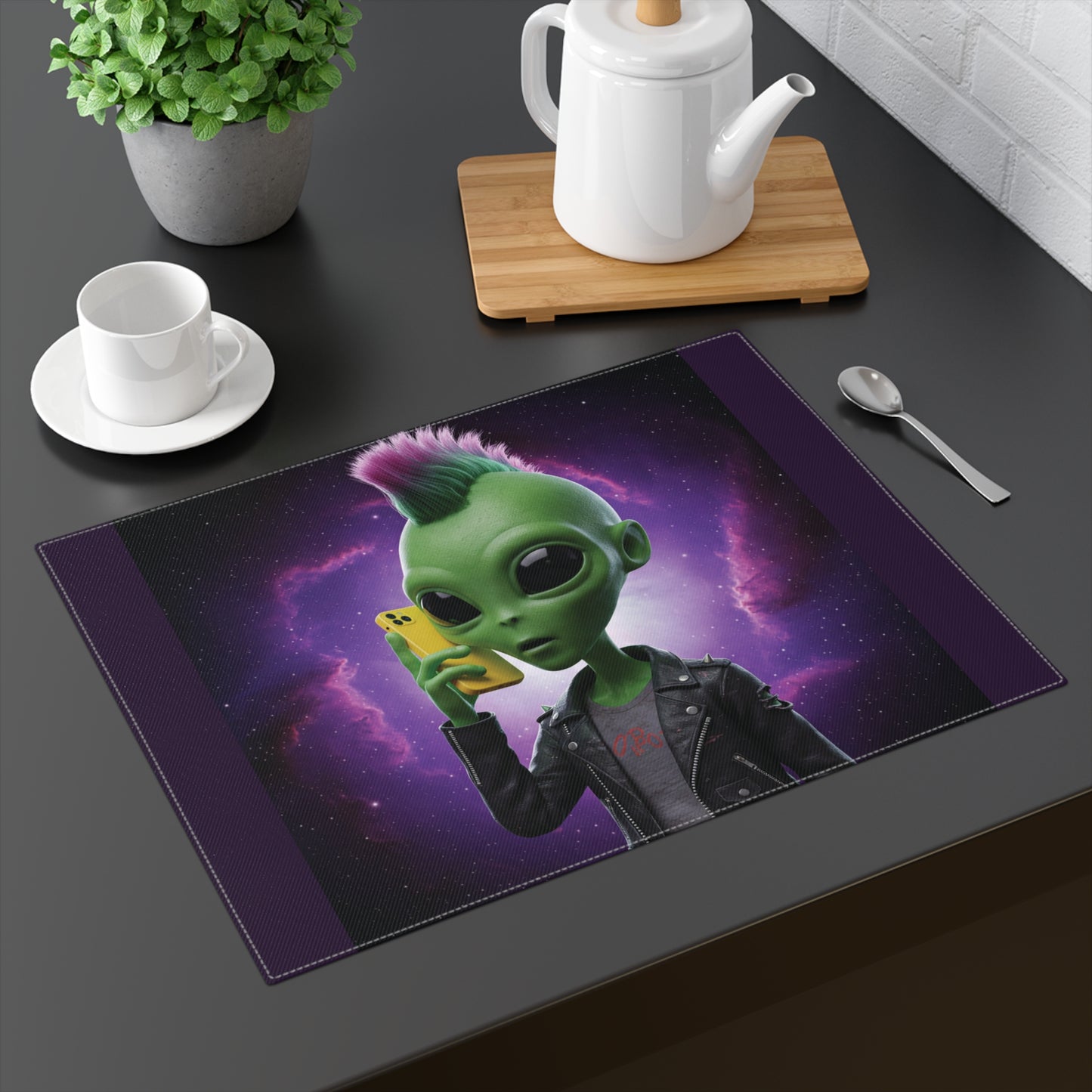 A green alien with a pink mohawk and leather jacket holding a yellow smartphone.