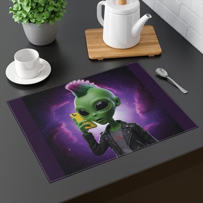 A green alien with a pink mohawk and leather jacket holding a yellow smartphone.