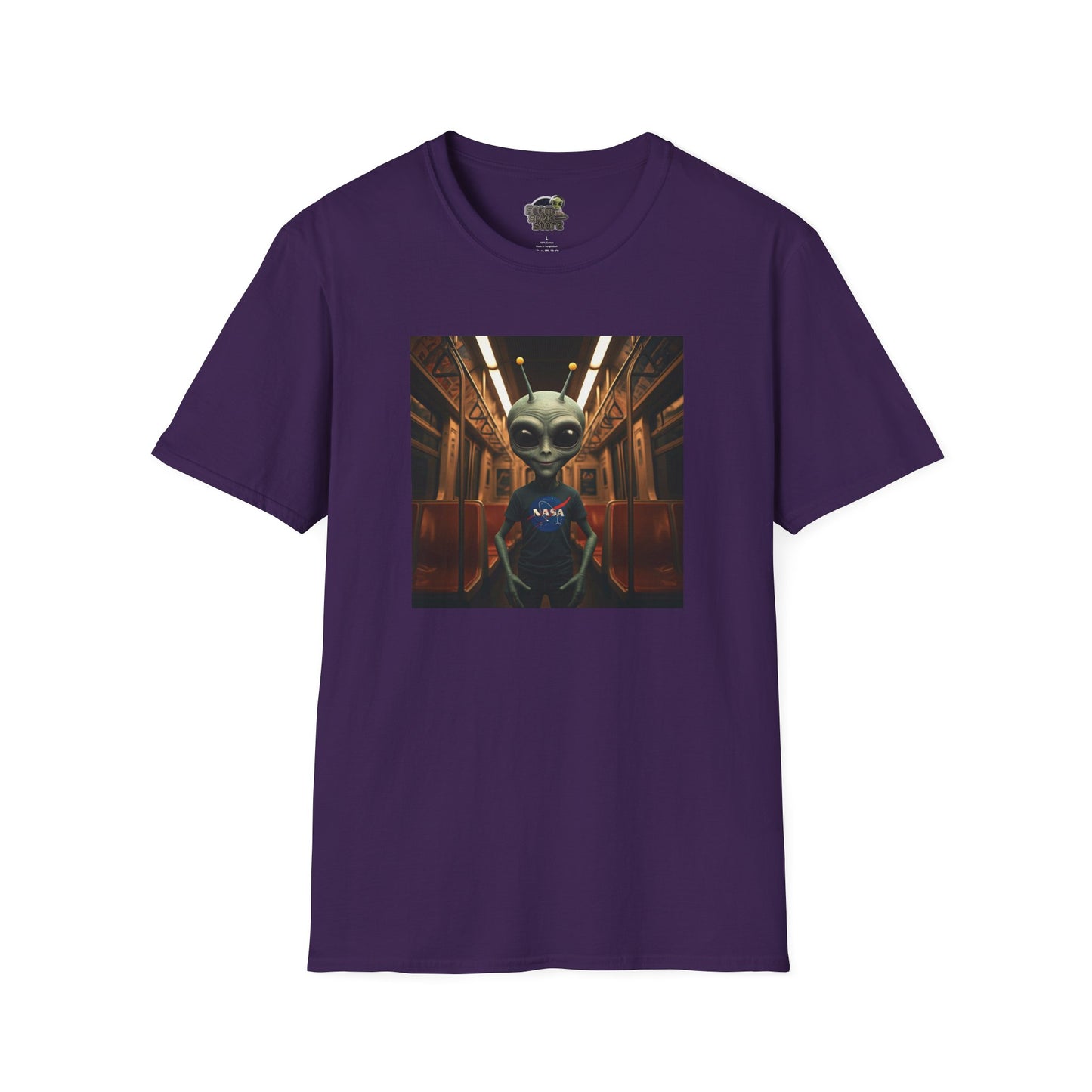 purple Unisex alien in subway T-shirt: funny and modern graphic tee