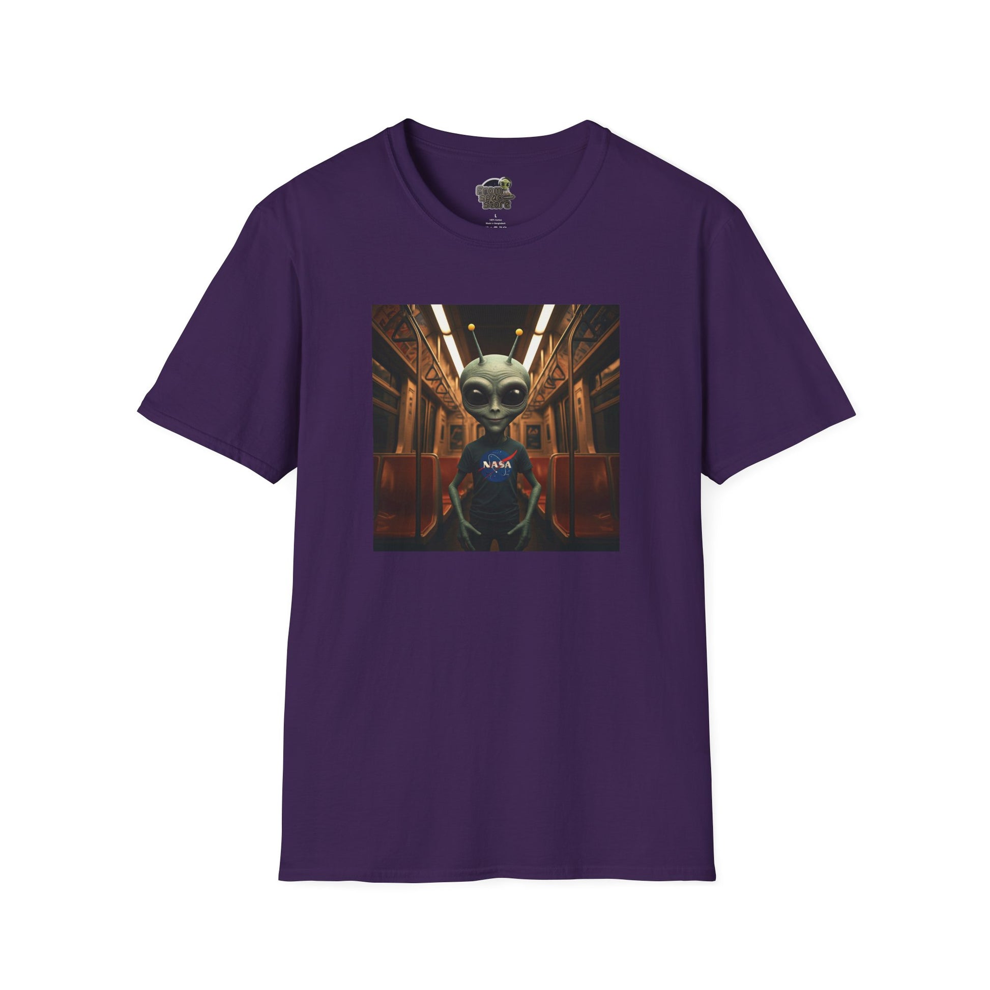 purple Unisex alien in subway T-shirt: funny and modern graphic tee