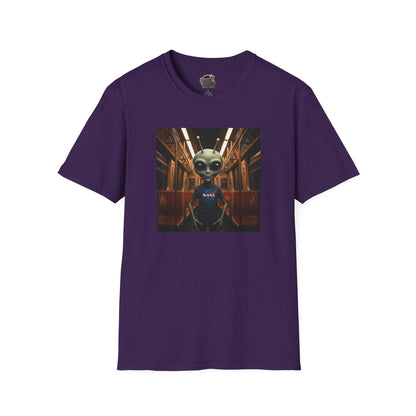 purple Unisex alien in subway T-shirt: funny and modern graphic tee