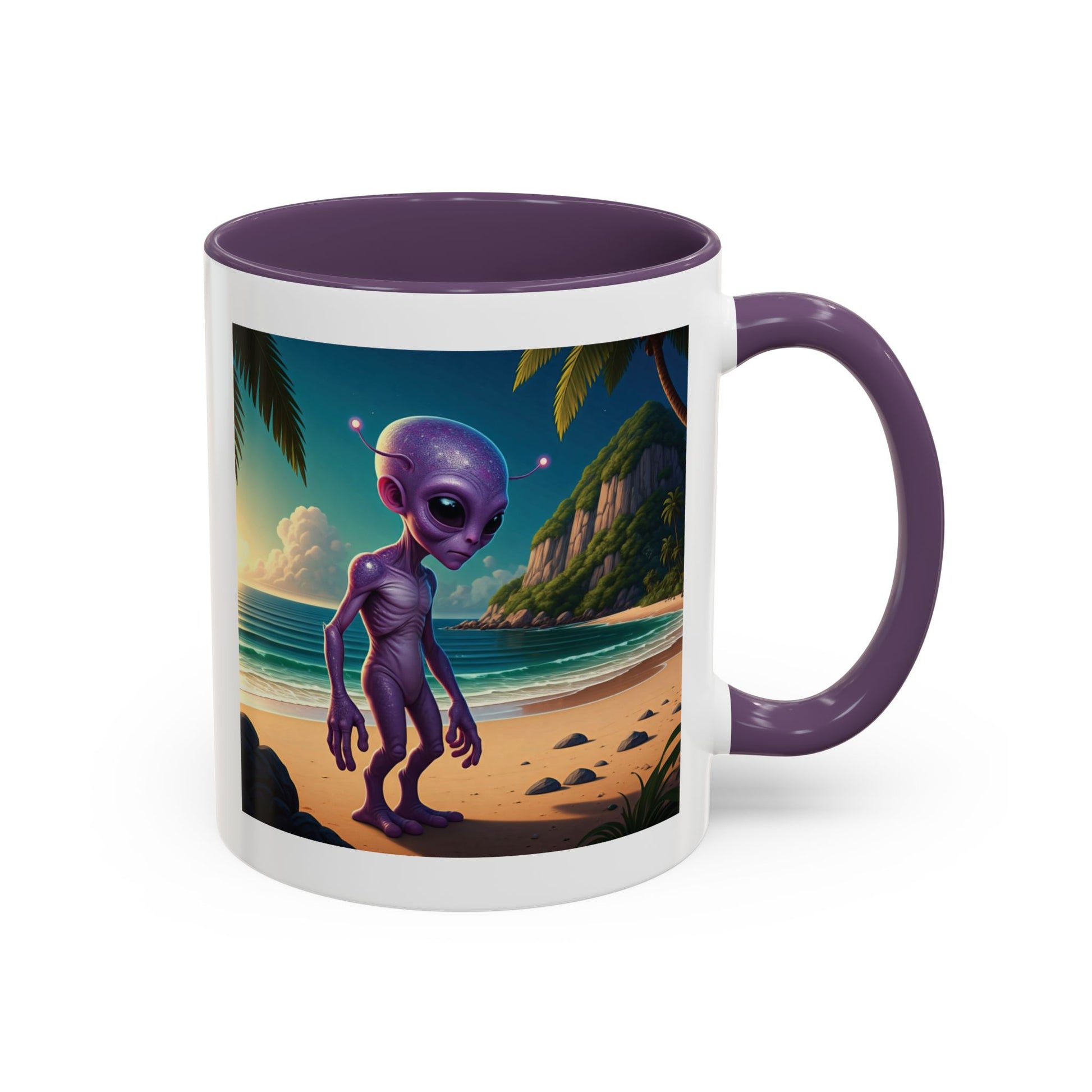 Alien enjoying the beach on a purple inside novelty mug