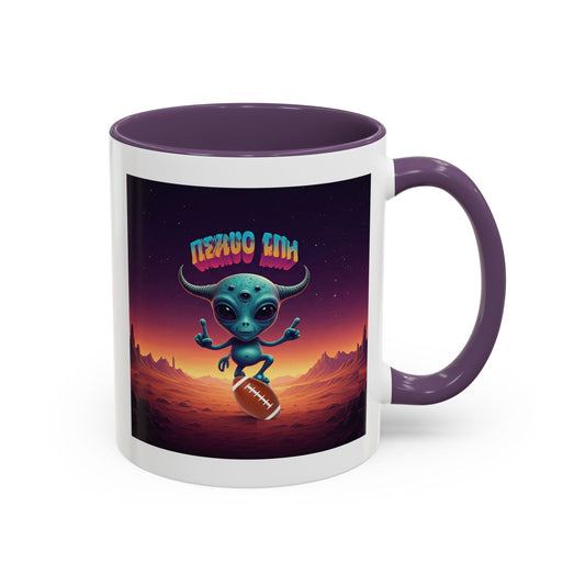 Alien playing football (rugby) on a unique purple mug