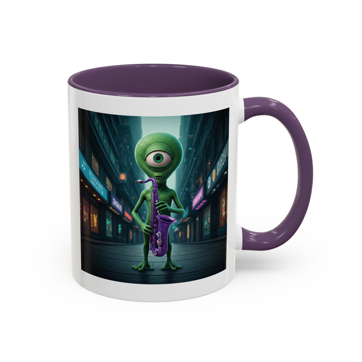 Alien sax player on a purple mug