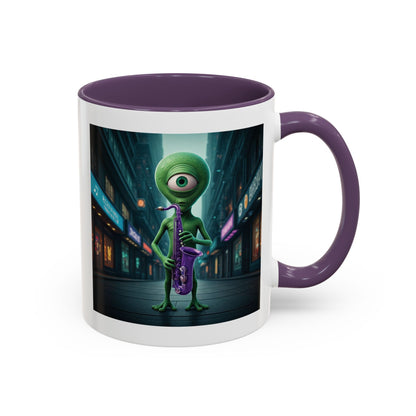 Alien sax player on a purple mug