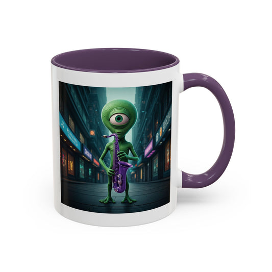 Alien sax player on a purple mug