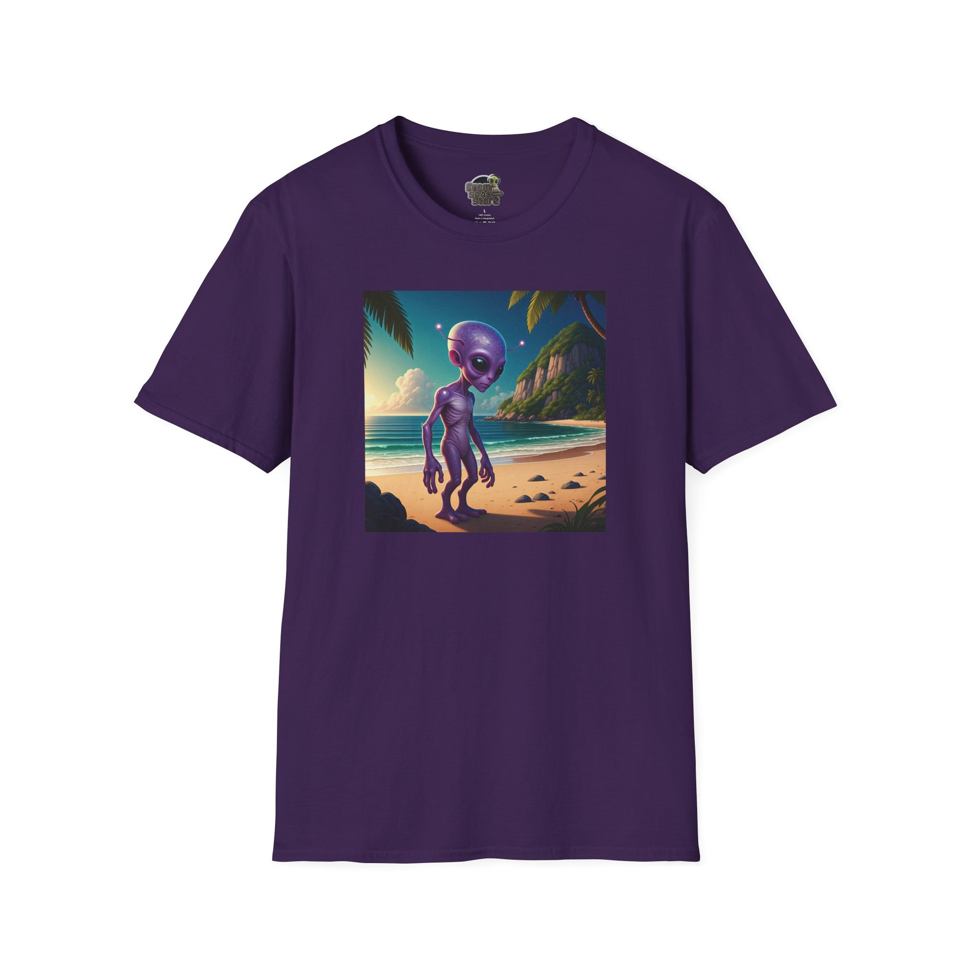 Alien at beach on a purple unisex t-shirt graphic