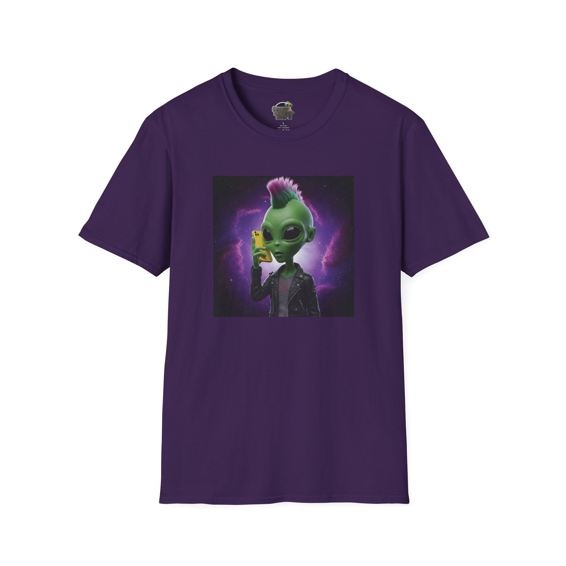 Purple Unisex alien punk t-shirt with mobile phone