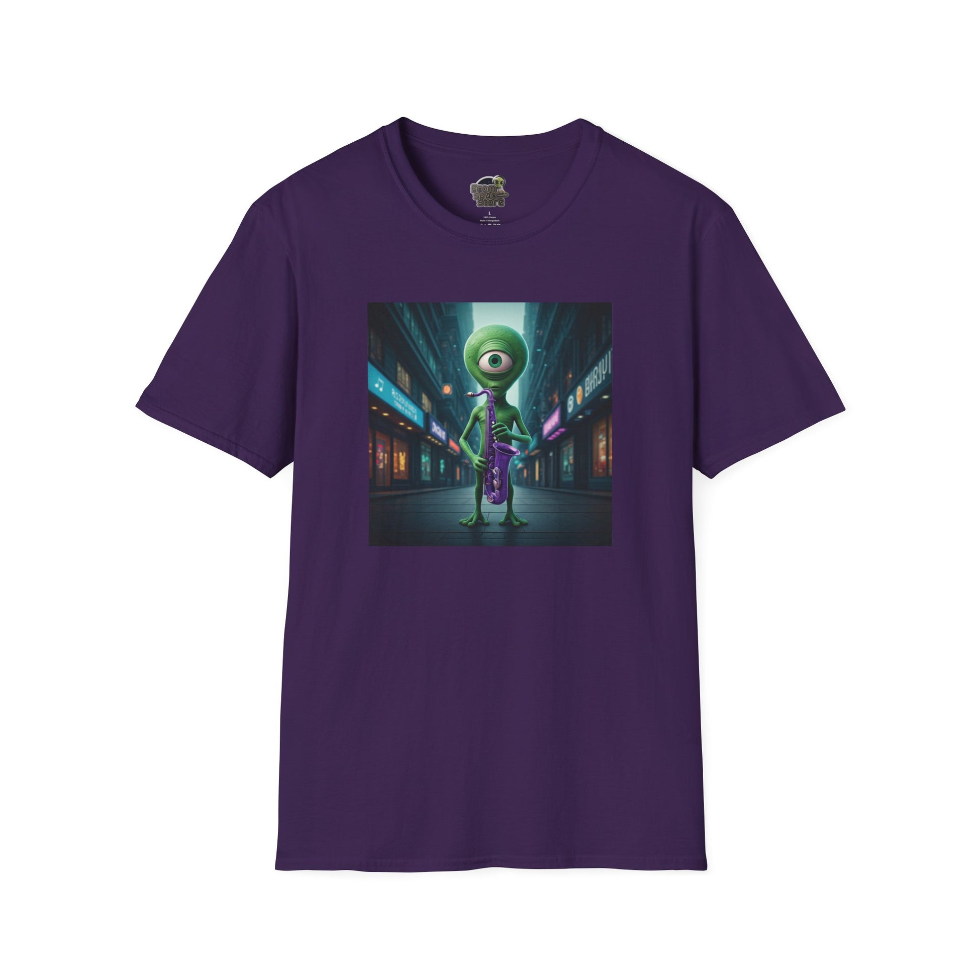 Purple Unisex t-shirt alien playing saxophone in city night