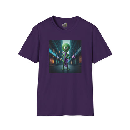 Purple Unisex t-shirt alien playing saxophone in city night
