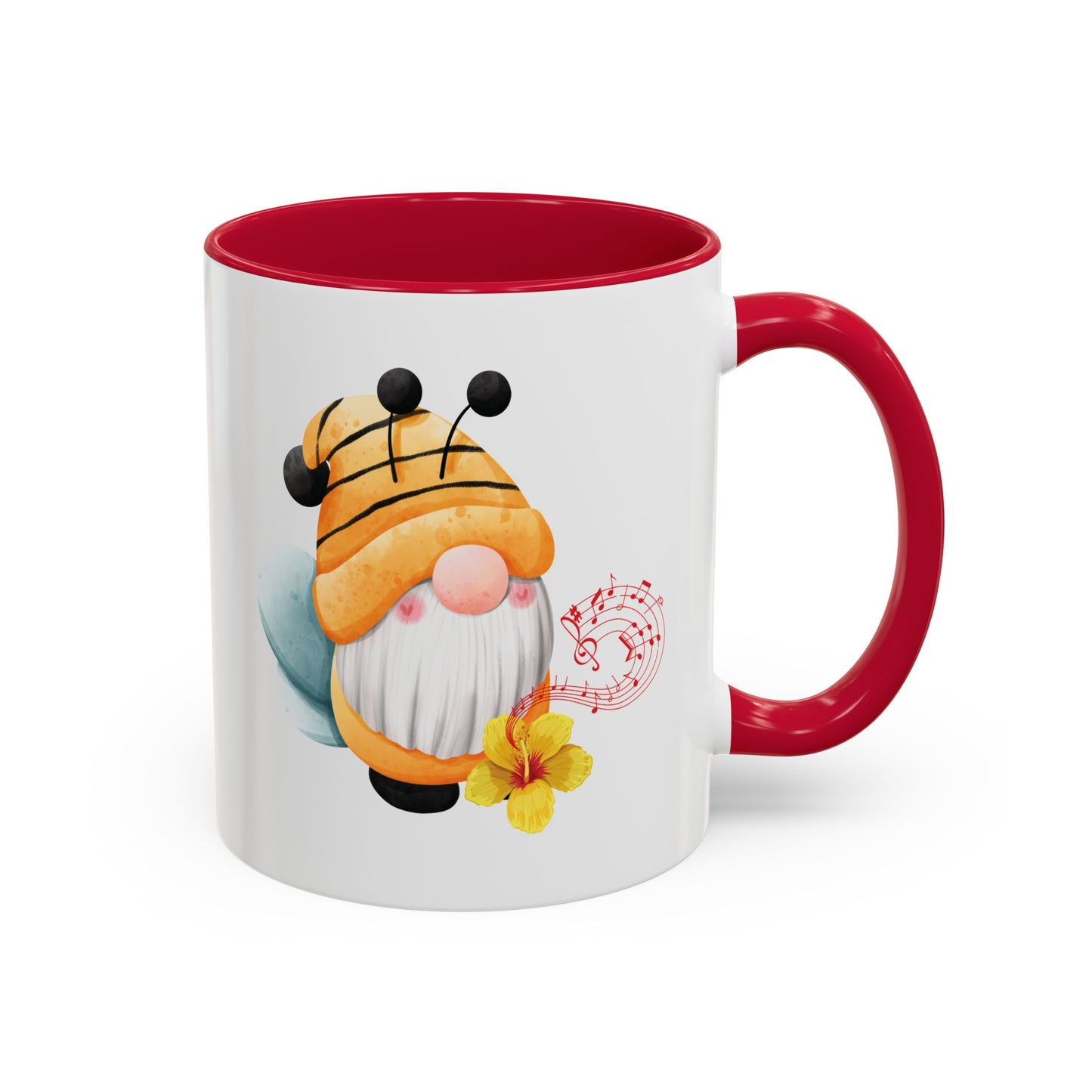 red mug with red c-handle with a cartoon bee gnome design 
