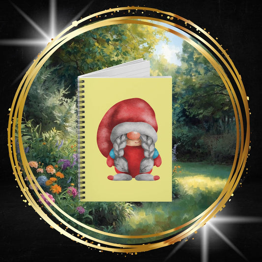 Sweet Lady Gnome Spiral Notebook - Red Winter Journal with Braids - Cozy Stationery Gift