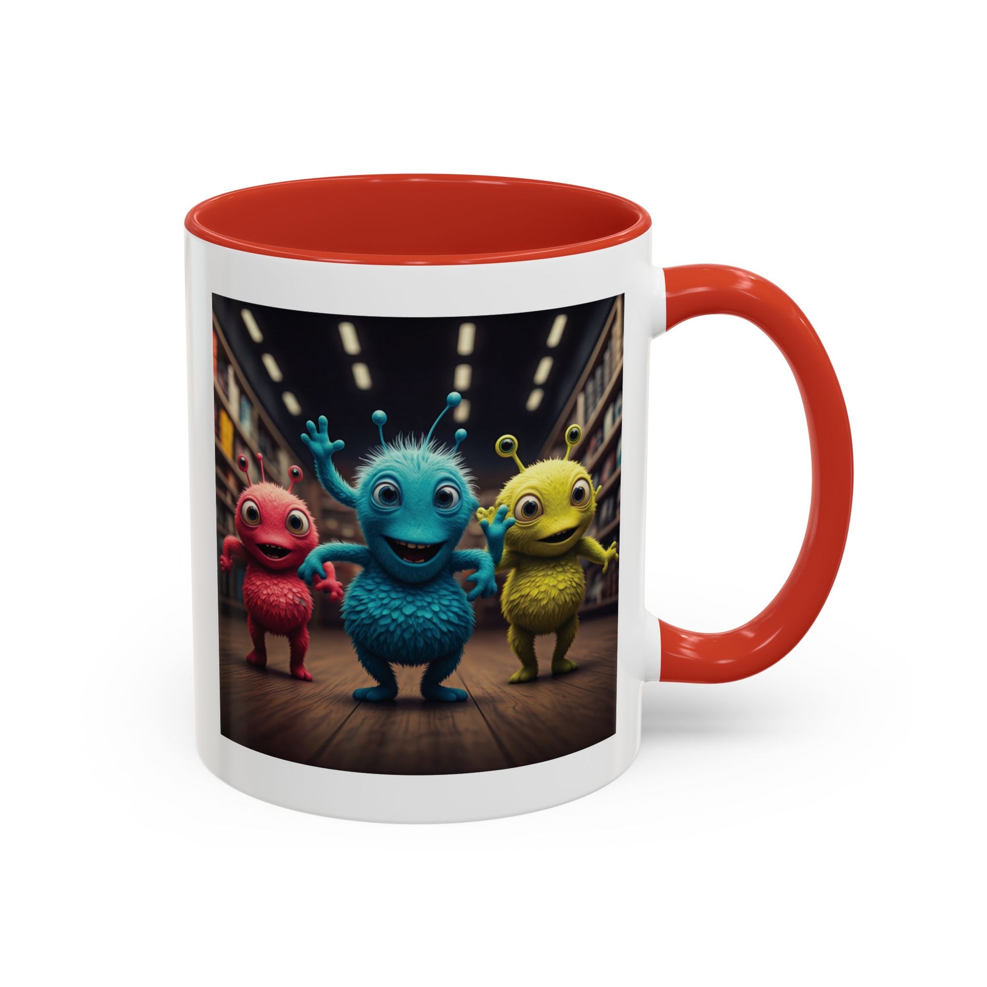 Aliens dancing at a disco on a red mug