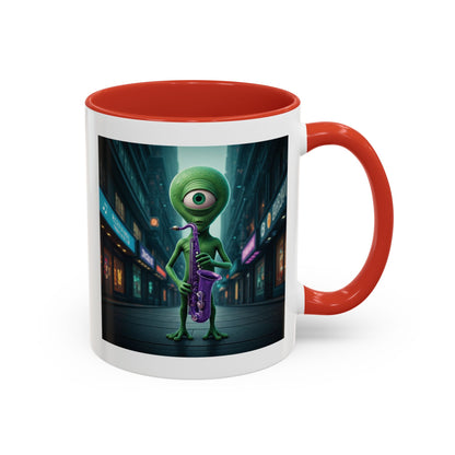 Alien sax player on a red mug