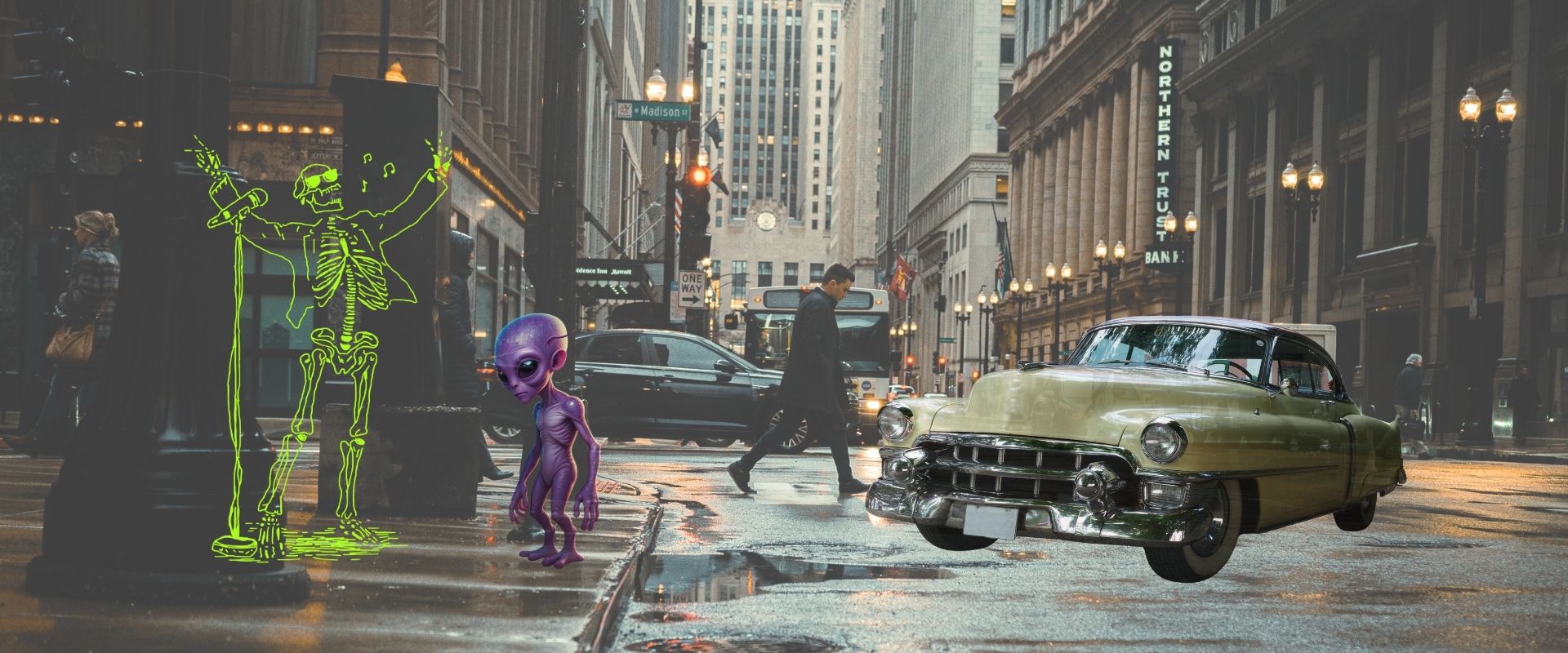 Alien and skeleton figures on a city street with vintage car and pedestrians.