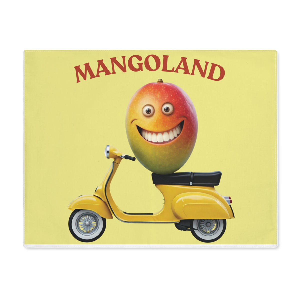 Flat front view of a yellow dining placemat featuring a funny smiling mango riding a classic yellow retro scooter with red text reading Mangoland.
