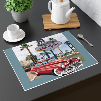 Red 1950s Buick parked in front of the Welcome to Las Vegas sign on a cotton placemat.