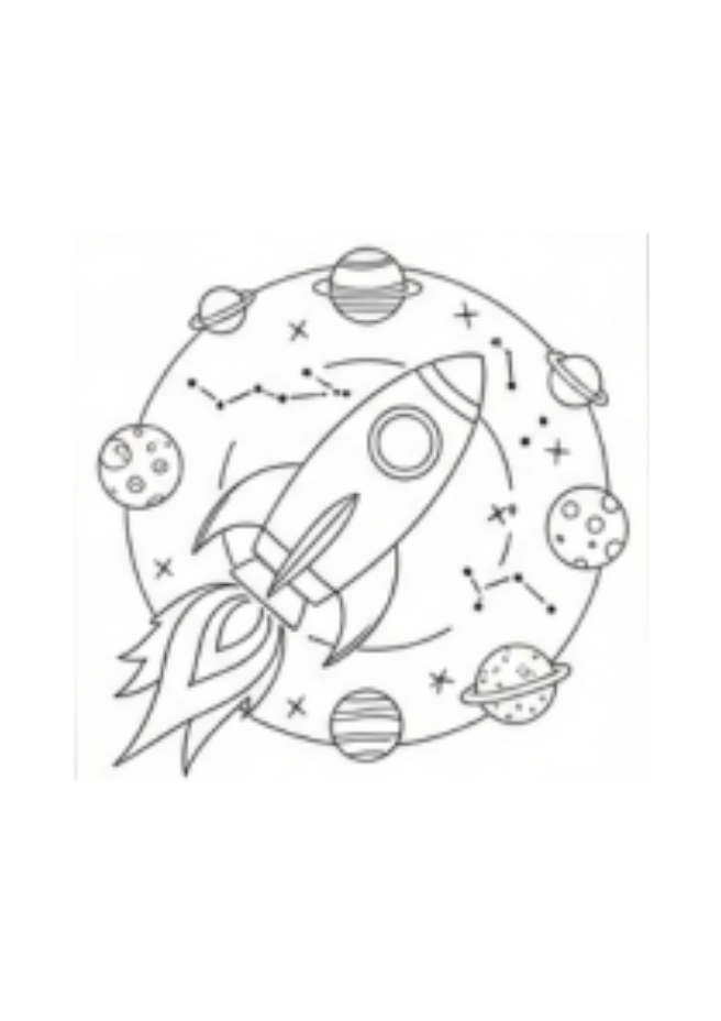 Illustration of a rocket ship surrounded by planets and stars, design to color for kids 5-8 years