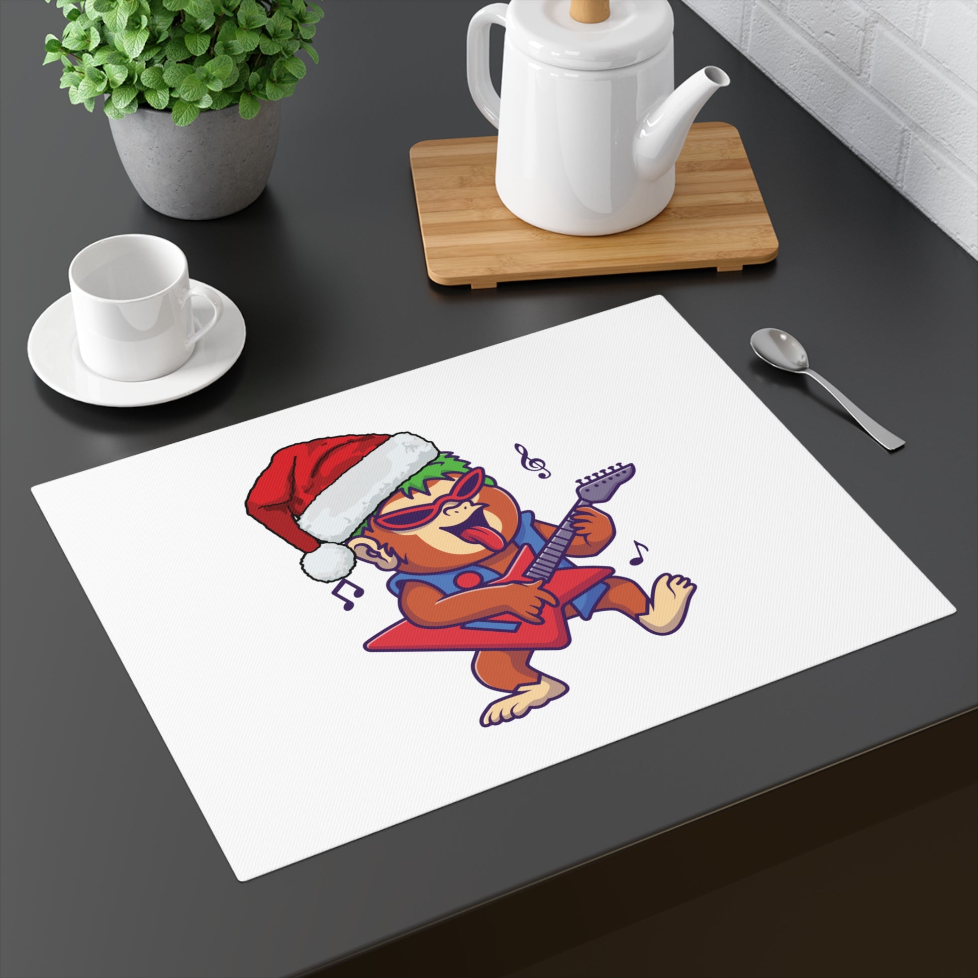 Rocker Christmas Monkey Placemat. Funny novelty dining mat with Santa hat and electric guitar design. Perfect US gift for musicians and music lovers.