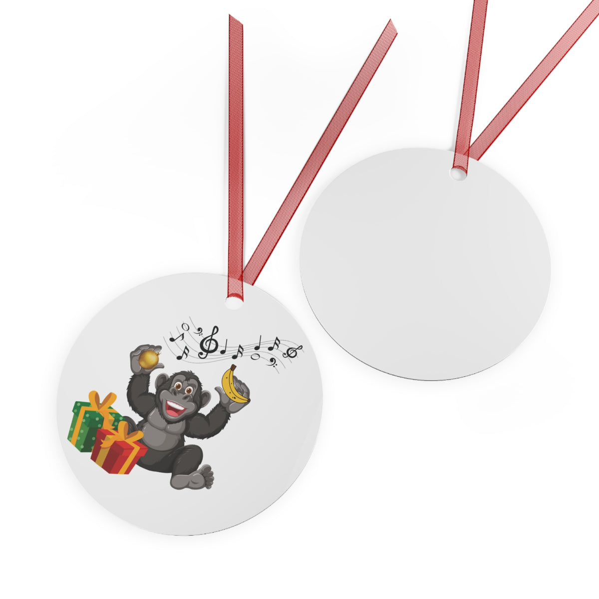 Front and back view of a round Christmas ornament with cute musical gorilla graphic and red hanging ribbon, perfect fun holiday keepsake gift idea.