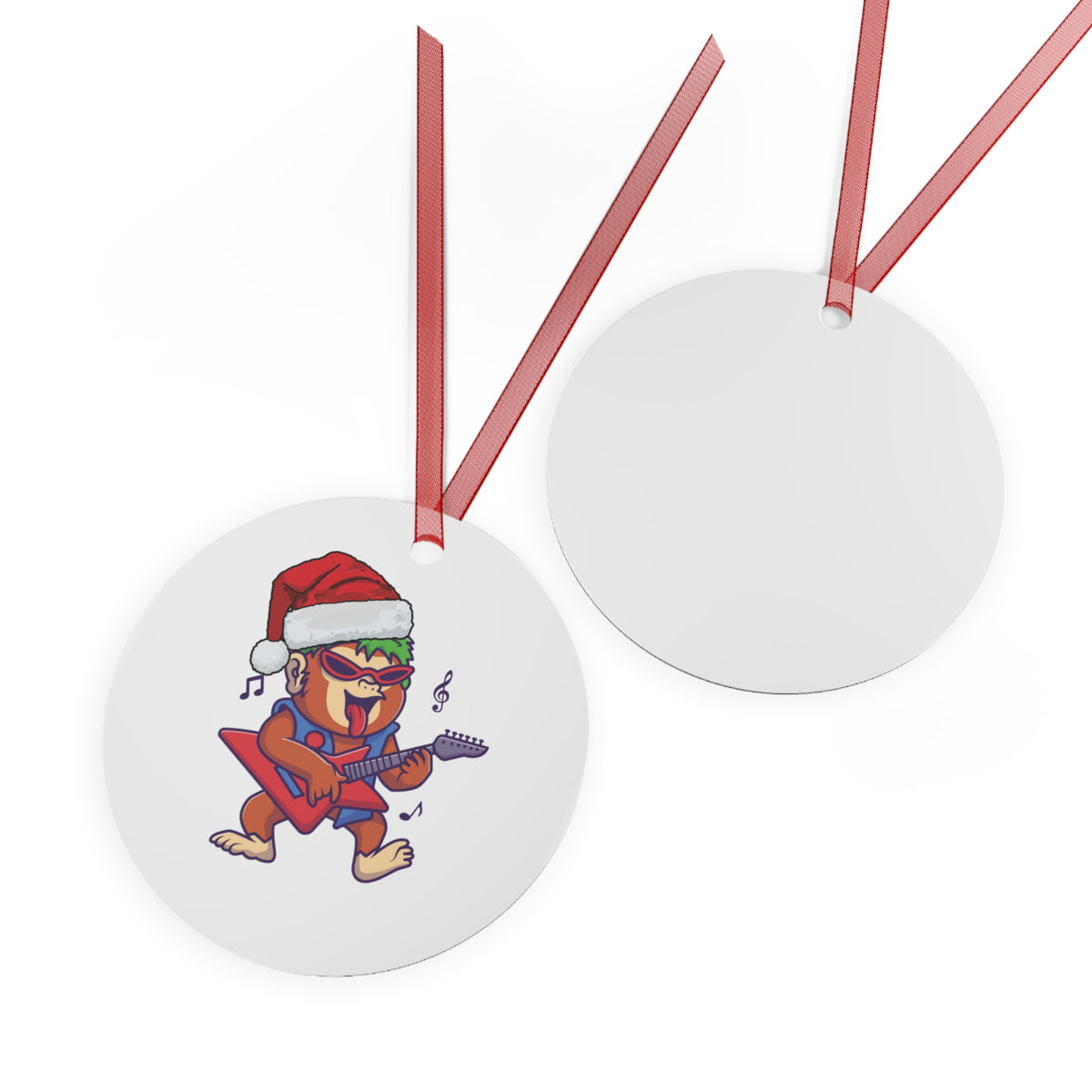 Front and back view of a round Christmas ornament with a rock and roll Santa gorilla guitar graphic and red ribbon, awesome holiday gift for musicians.