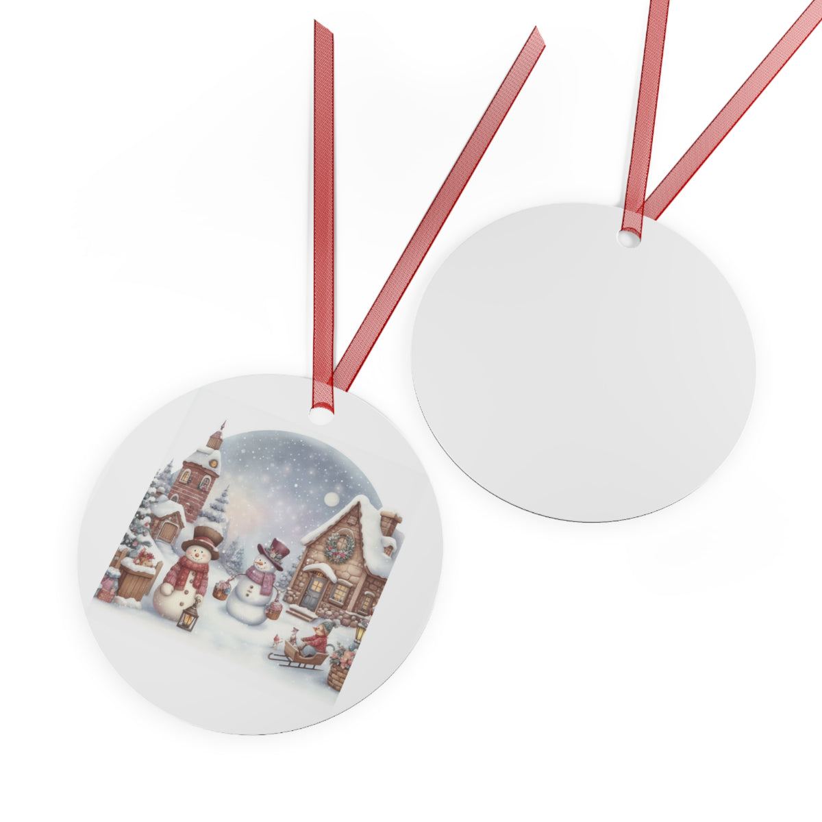 Front and back view of a round Christmas ornament with a nostalgic winter wonderland village graphic and red hanging ribbon, perfect traditional holiday gift.
