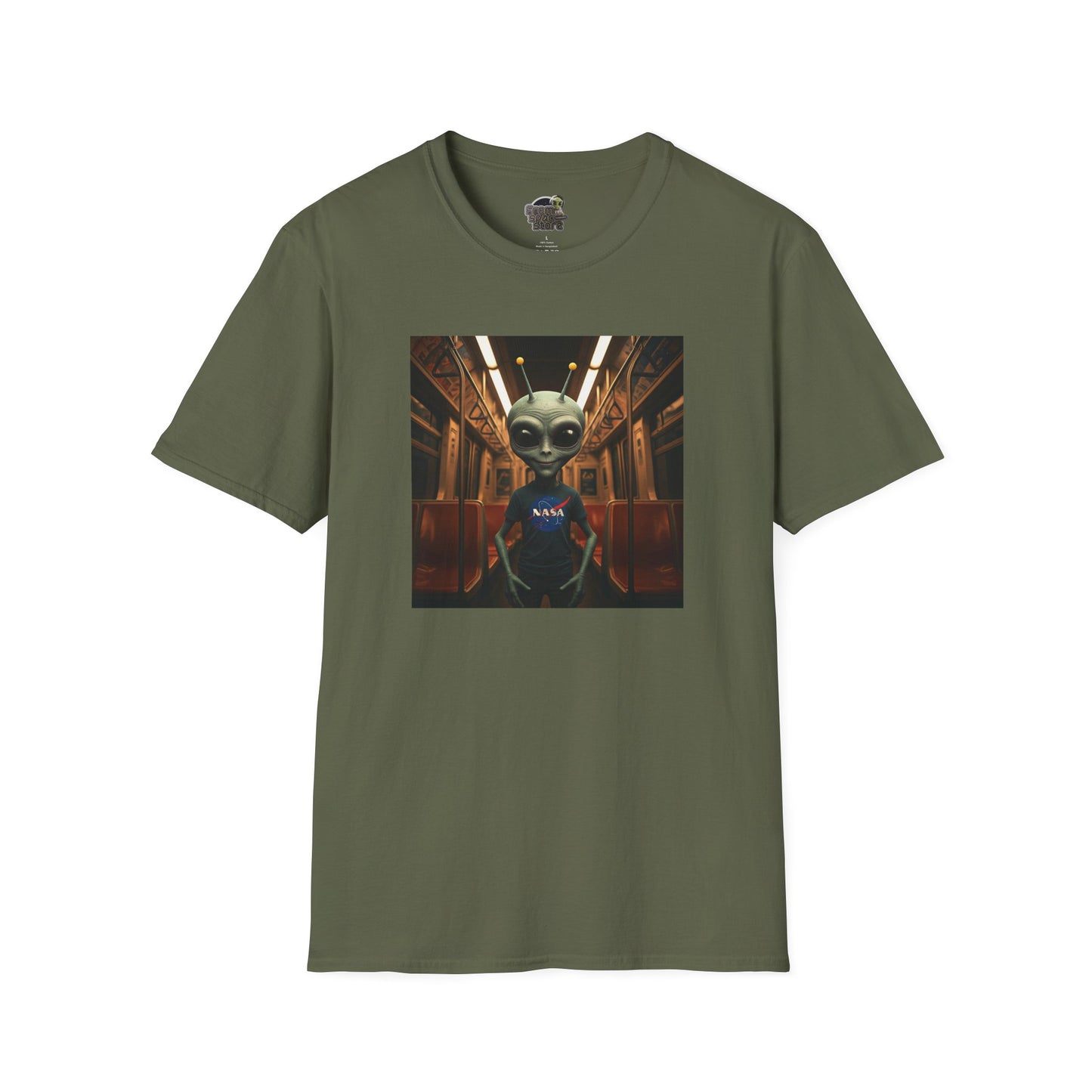 military green Unisex alien in subway T-shirt: funny and modern graphic tee