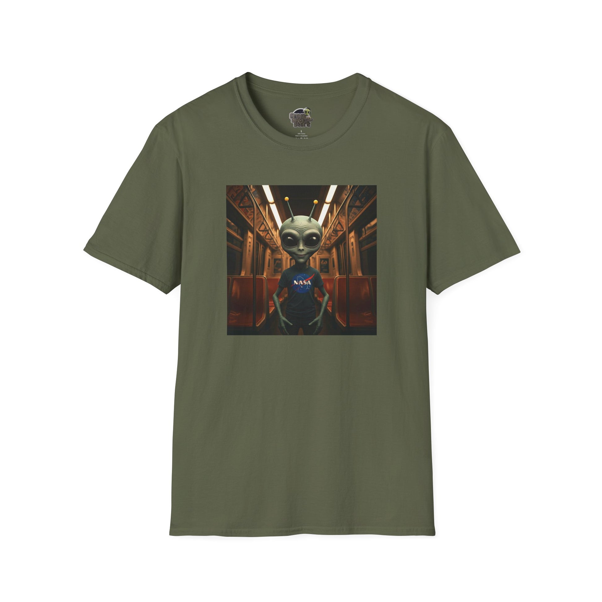 military green Unisex alien in subway T-shirt: funny and modern graphic tee