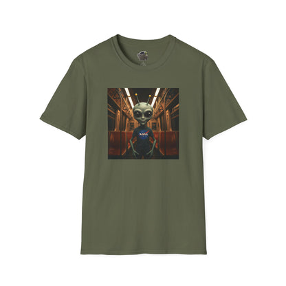 military green Unisex alien in subway T-shirt: funny and modern graphic tee