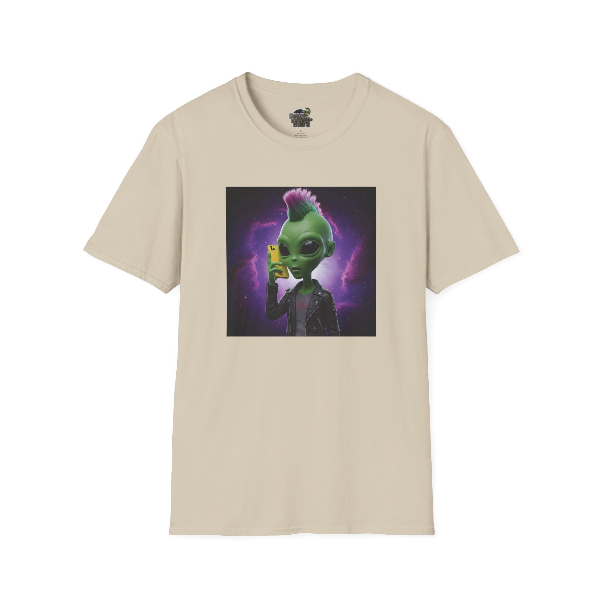 Sand Unisex alien punk t-shirt with mobile phone