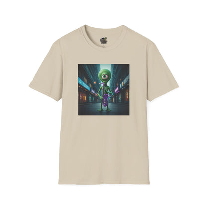 Sand Unisex t-shirt alien playing saxophone in city night