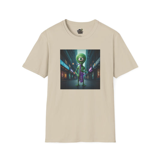 Sand Unisex t-shirt alien playing saxophone in city night