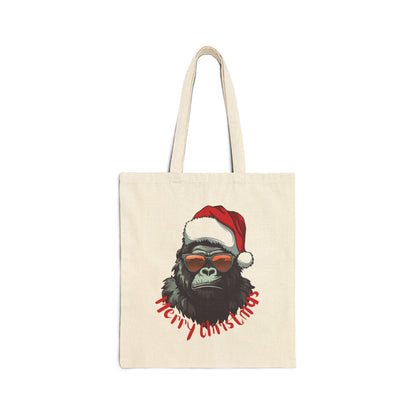 Beige Santa Gorilla Canvas Tote Bag. Streetwear Christmas style for holiday gift-giving in the United States.