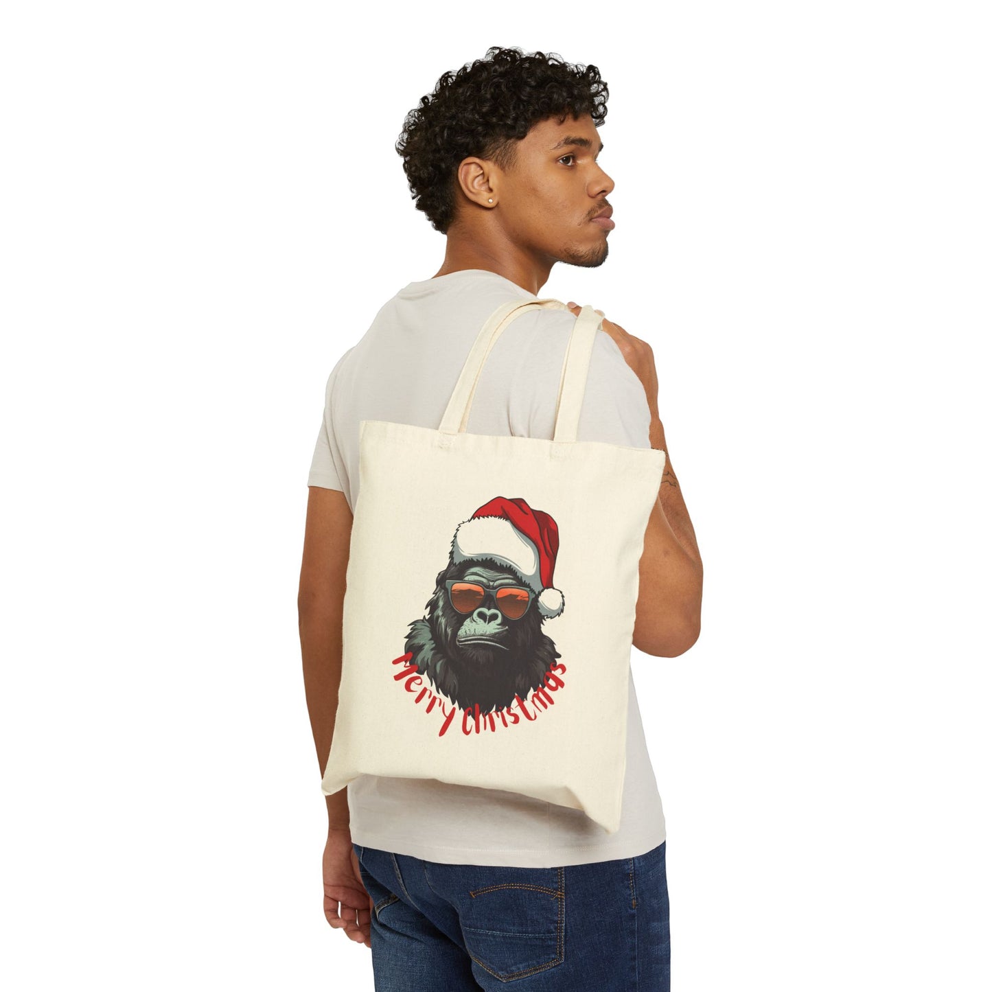 Santa Gorilla Canvas Tote Bag in Natural. Funny US Christmas gift for carrying holiday shopping. All Age and unisex product.