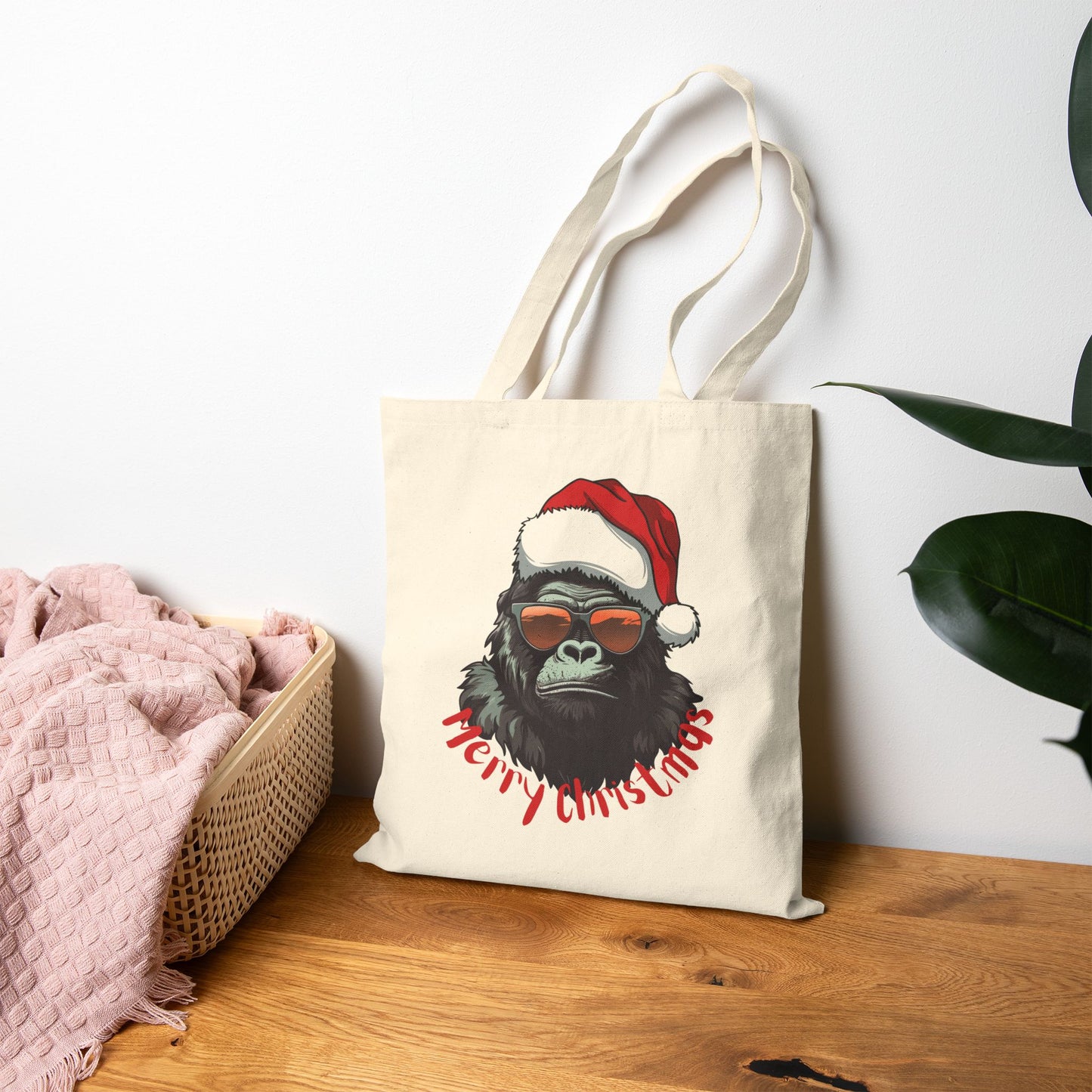 Santa Gorilla Canvas Tote Bag in Natural. Funny US Christmas gift for carrying holiday shopping.
