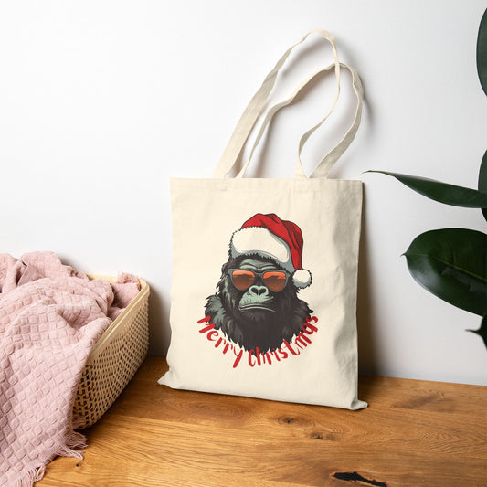 Santa Gorilla Canvas Tote Bag in Natural. Funny US Christmas gift for carrying holiday shopping.