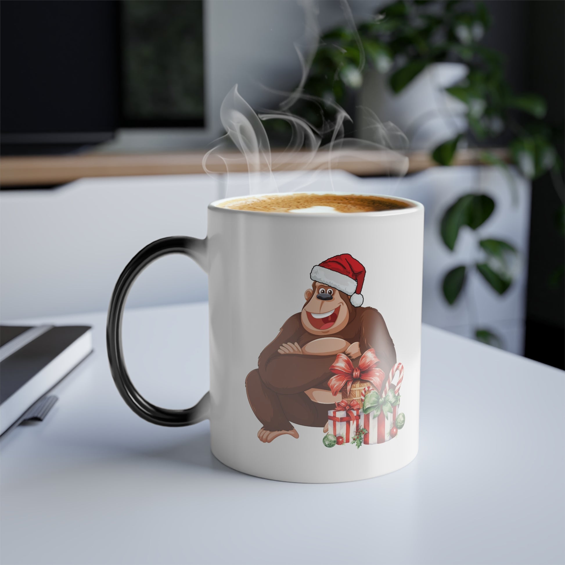 Santa Gorilla Magic Mug. Funny Christmas heat-sensitive coffee cup, perfect US stocking stuffer gift.