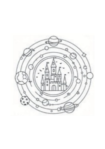 Circular design with a castle in the center, surrounded by planets and celestial bodies on a white background.