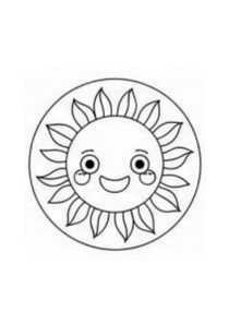 Black and white line drawing of a smiling sun with leaves on a white background